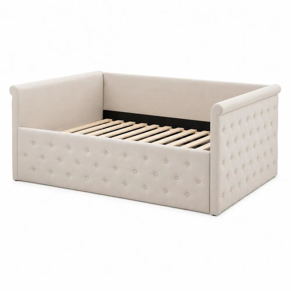 Lit banquette en bois et velours beige
