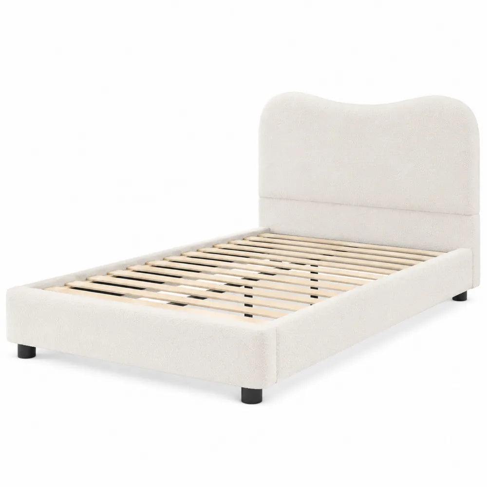Lit simple en tissu beige avec tête de lit incurvée 200x90 cm