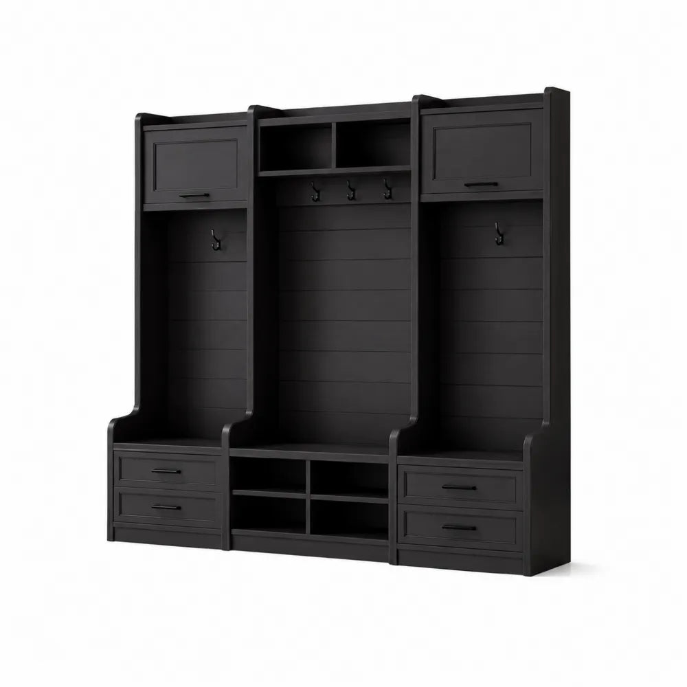 Vestiaire en bois noir avec tiroirs et étagères