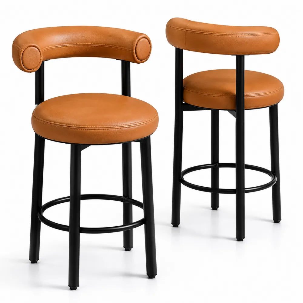 Ensemble de 2 tabourets de bar en cuir synthétique brun avec cadre en acier noir