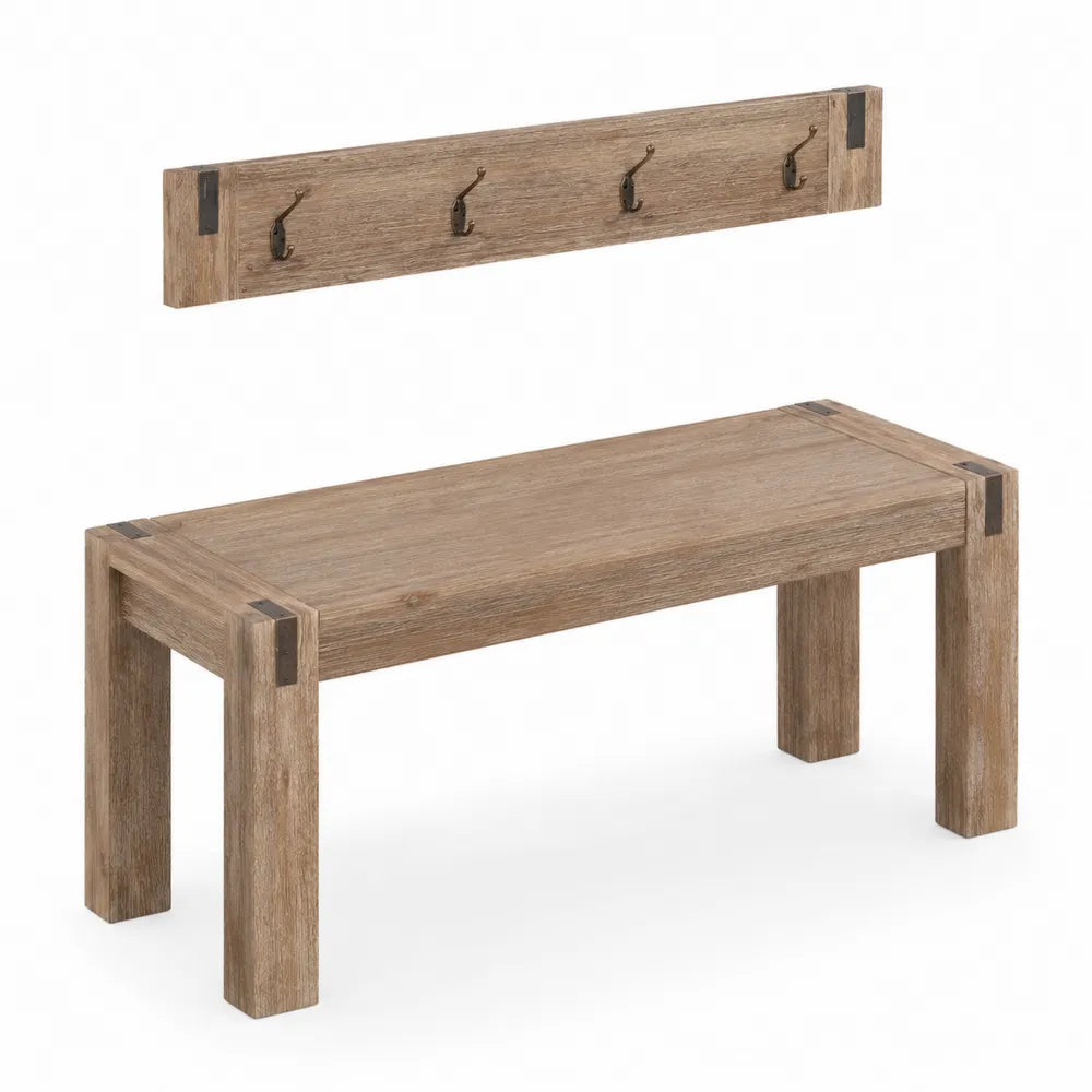 Banc et Portemanteau en Bois Chêne avec Crochets Métalliques