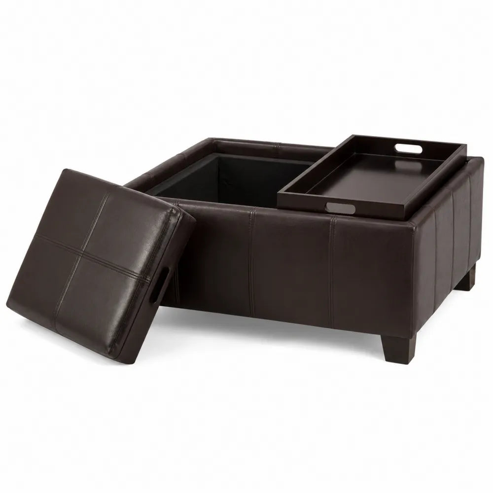 Pouf en cuir synthétique avec rangement et plateau amovible Marron