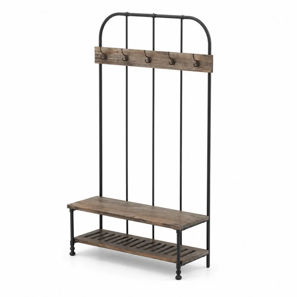 Portemanteau en bois et métal noir avec étagère