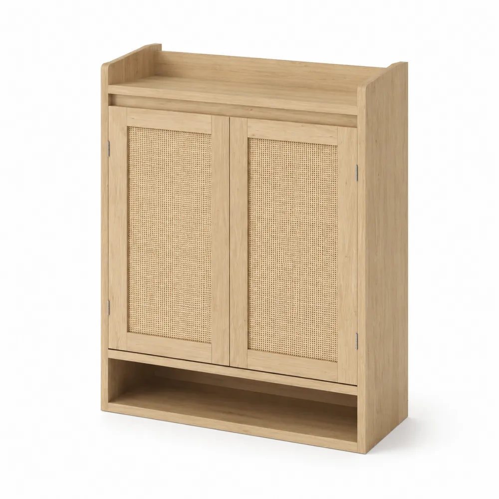 Meuble à chaussures en bois et rotin, Beige