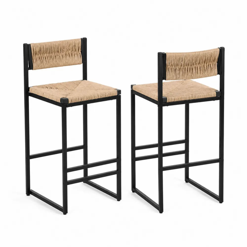 Lot de 2 tabourets de bar en métal et corde de papier Noir et Beige