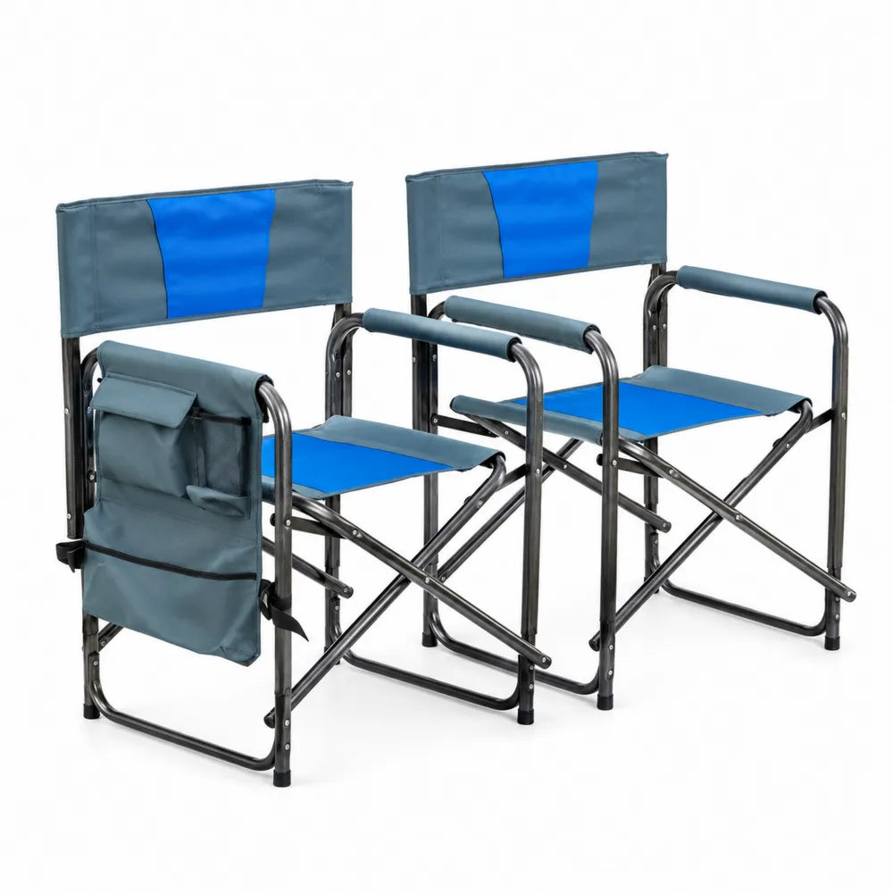 Lot de 2 chaises pliantes en acier et toile bleu/gris