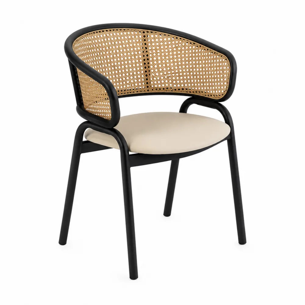 Chaise en rotin et métal noir avec assise en polyester beige